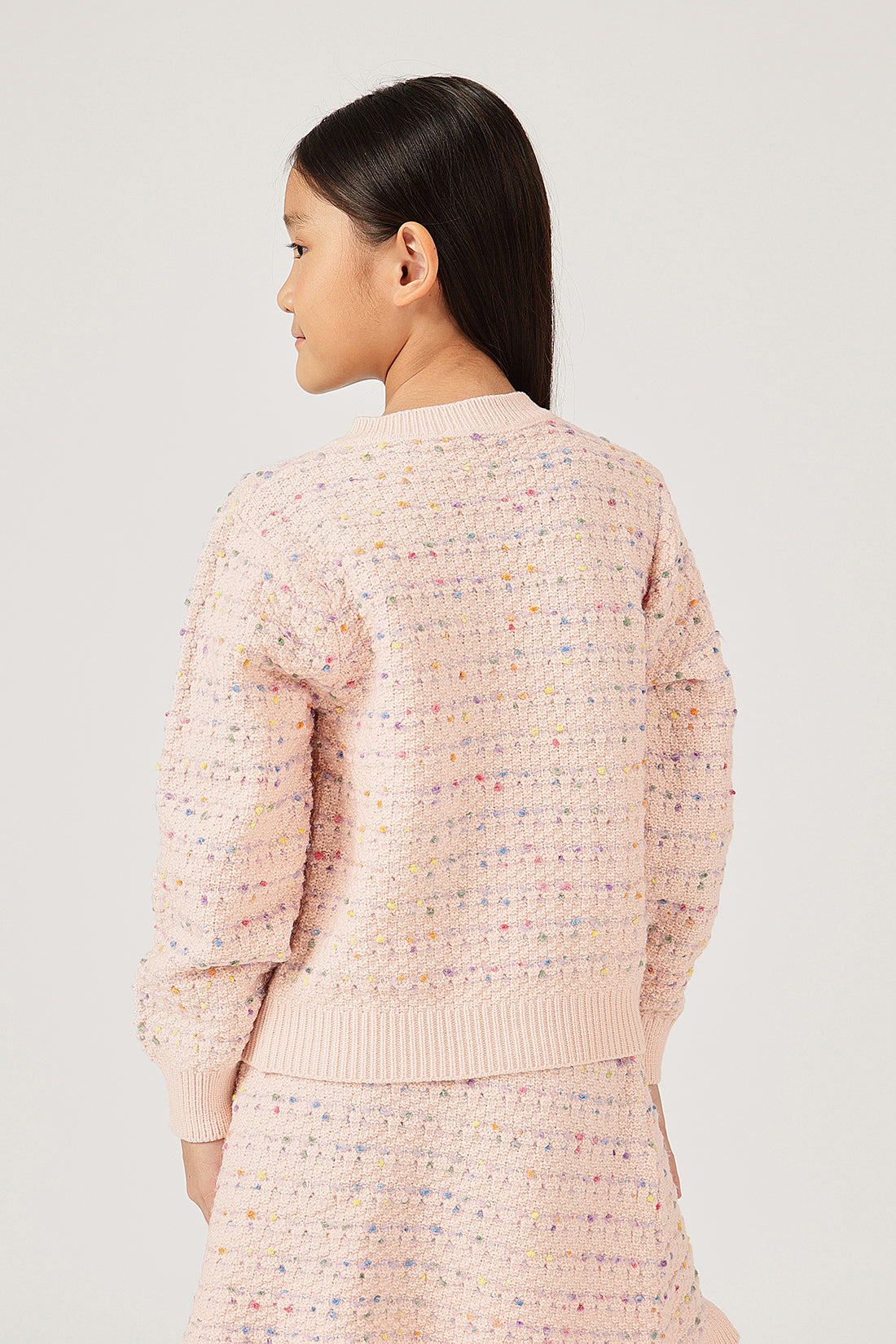 Girls Peach Round Neck Button Full Sleeve Cardigan