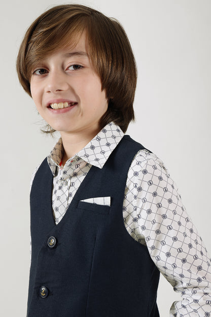 Boys Navy Blue Slim Fit Sleeveless Solid Waistcoat by One Friday