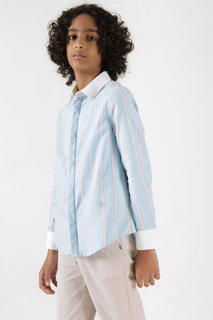 Boys Aqua Regular Fit Full Sleeve Striped Shirt