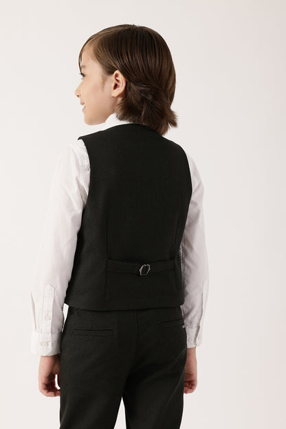 Boys Olive Solid Sleeveless V-Neck Waistcoat