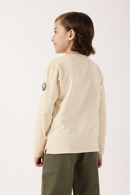 Boys Beige Solid Round Neck Cotton T-Shirt