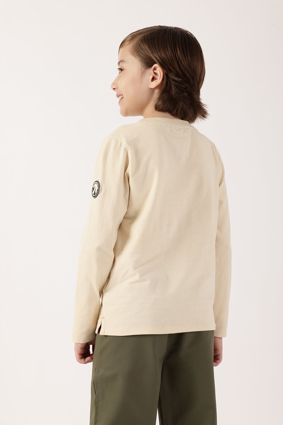 Boys Beige Solid Round Neck Cotton T-Shirt