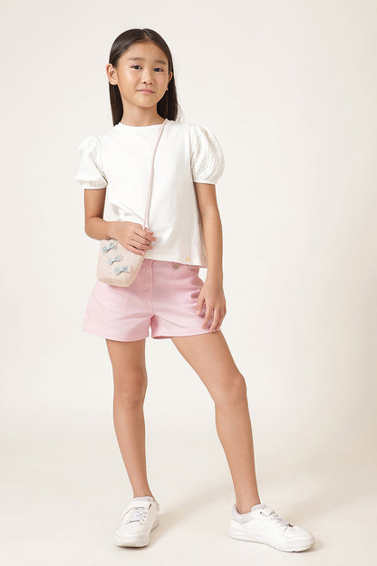 Girls Pink Solid Cotton Button Shorts