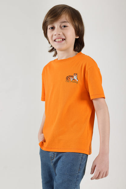 Boys Orange Round Neck Half Sleeve Solid T-Shirts By One Friday