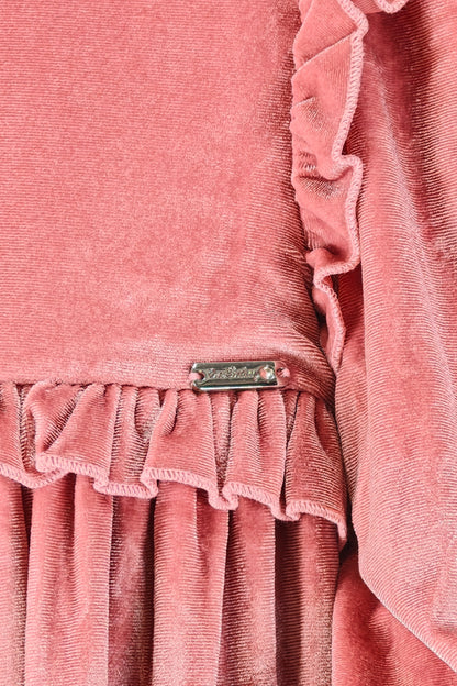 Girls Peach Solid Velour Ruffle Collar Dress