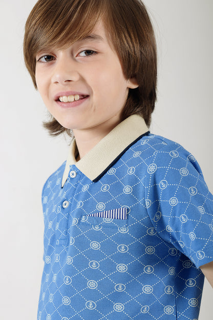 Boys Blue Regular Fit Half Sleeve Printed Polo T-Shirt by One Friday