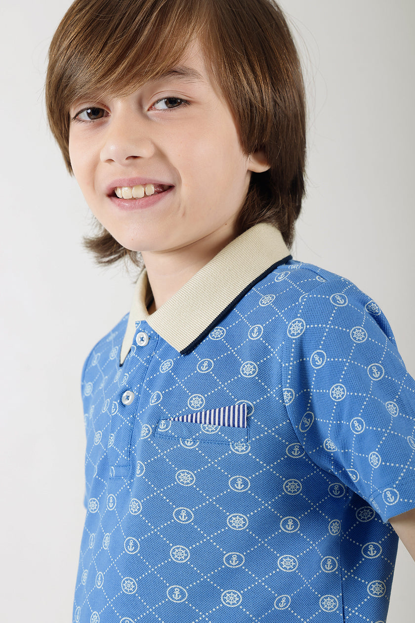 Boys Blue Regular Fit Half Sleeve Printed Polo T-Shirt by One Friday