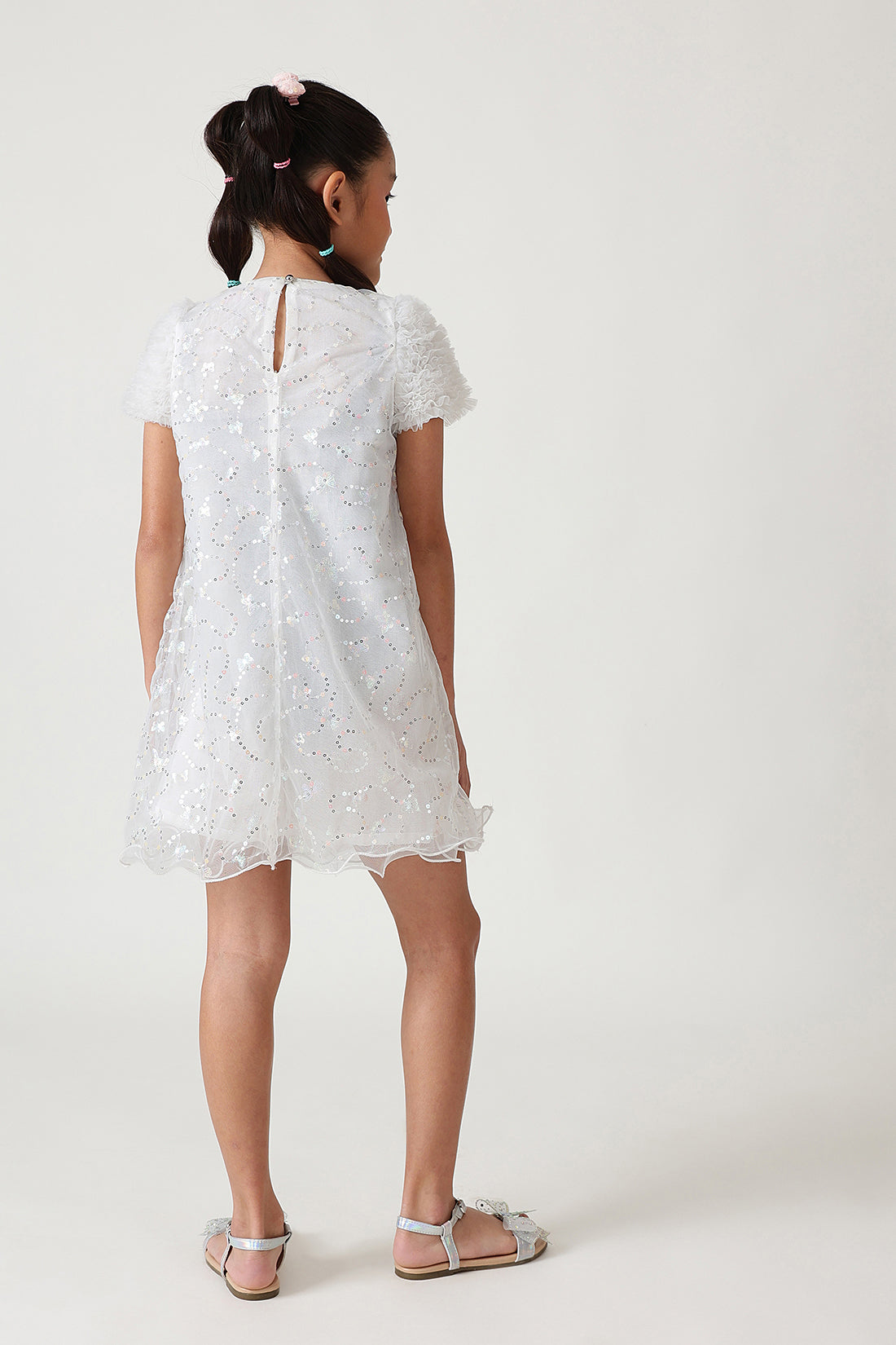 Girls White A-Line Cap Sleeve Solid Dress By One Friday