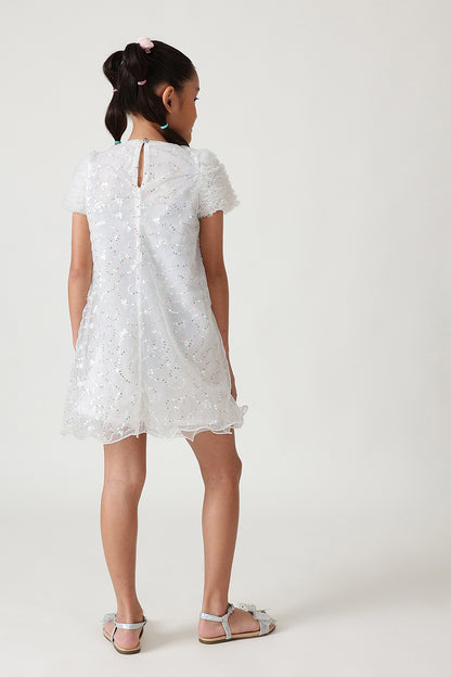 Girls White A-Line Cap Sleeve Solid Dress By One Friday