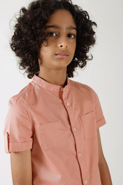 Boys Pink Regular Fit Half Sleeve Solid Shirt by One Friday