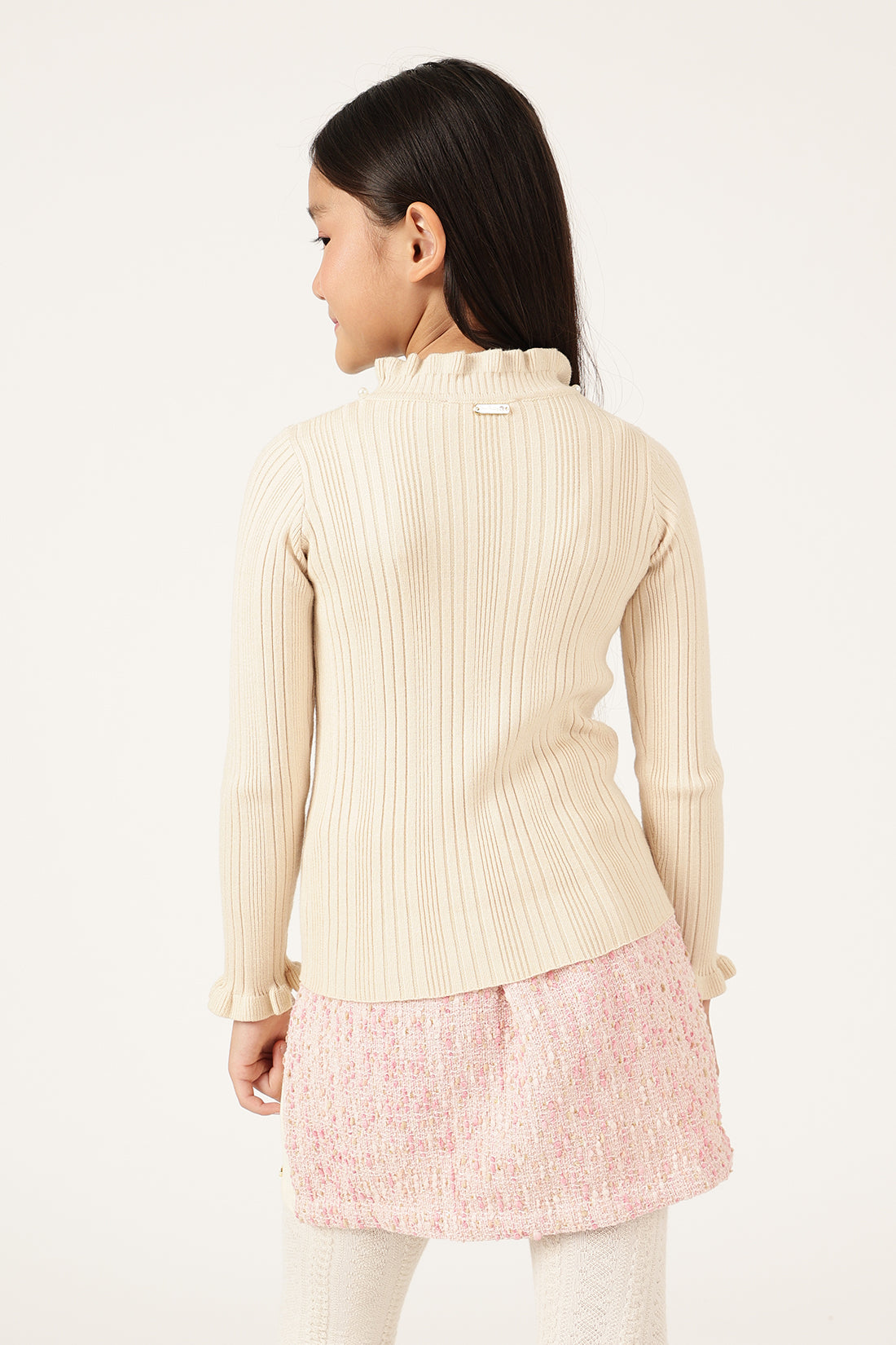 Girls Off White Solid Knit High Neck Jumper | One Friday
