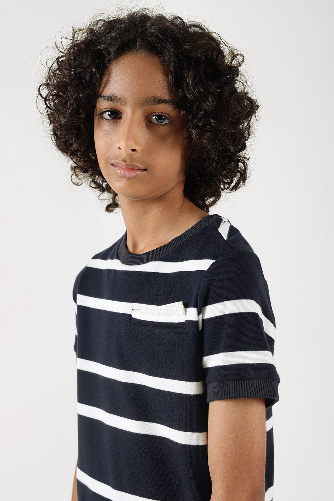Boys Navy Blue Regular Fit Short Sleeve Striped T-Shirts By One Friday