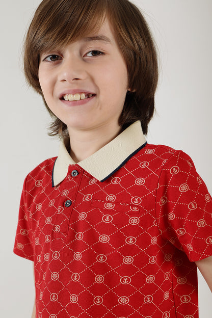 Boys Red Regular Fit Half Sleeve Printed Polo T-Shirt by One Friday