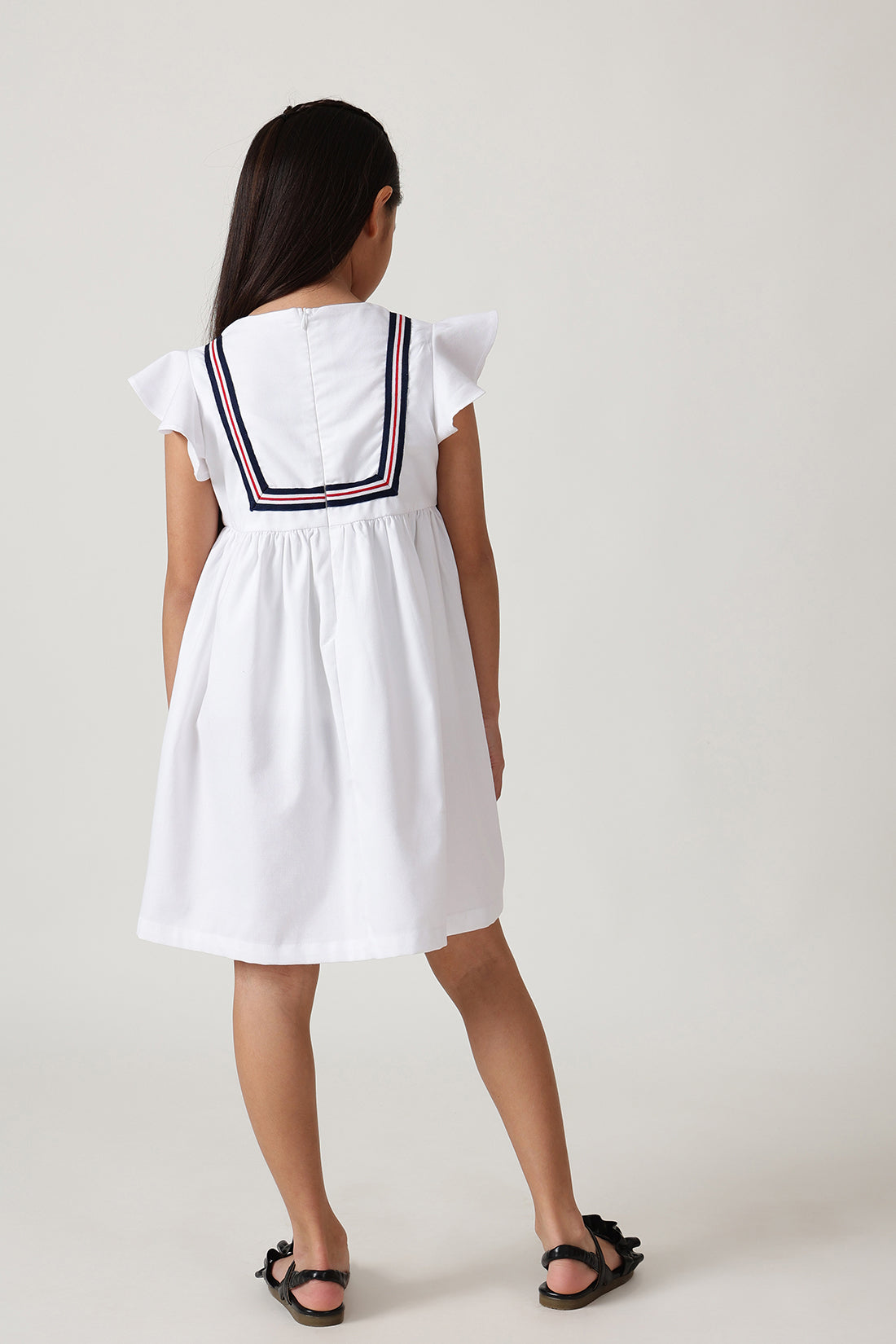 Girls White Fitted & Flared Sleeveless Solid Dress by One Friday