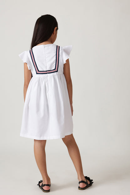 Girls White Fitted & Flared Sleeveless Solid Dress