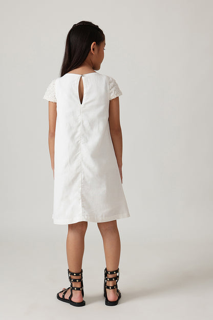 Girls Off-White A-Line Cap Sleeve Solid Dress by One Friday