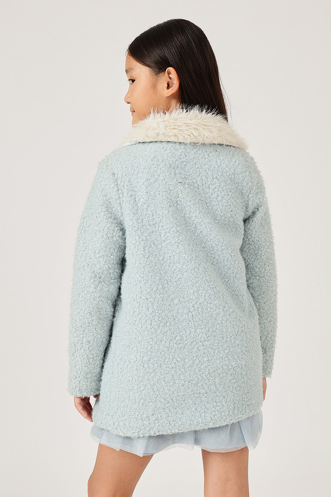Girls Aqua Fur Buttoned Shirt Collar Overcoat