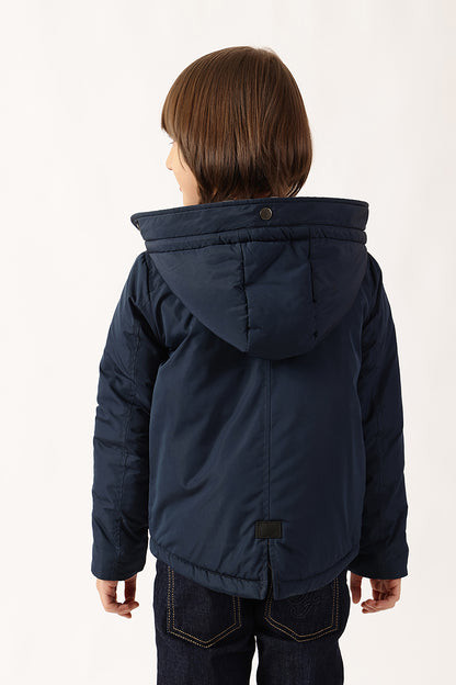 Unisex Navy Blue Solid Hooded Polyester Woven Jacket with Buttons | One Friday
