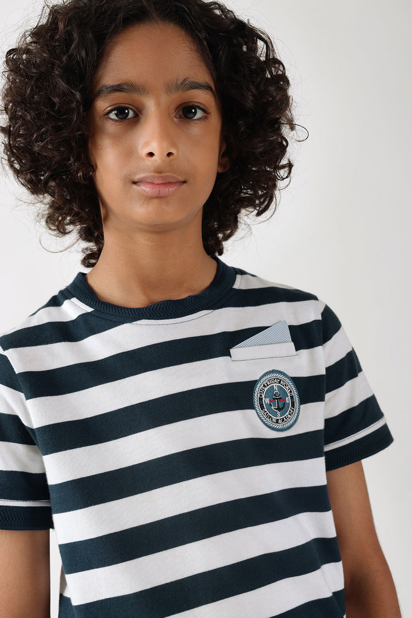 Boys Blue Regular Fit Short Sleeve Striped T-Shirt by One Friday