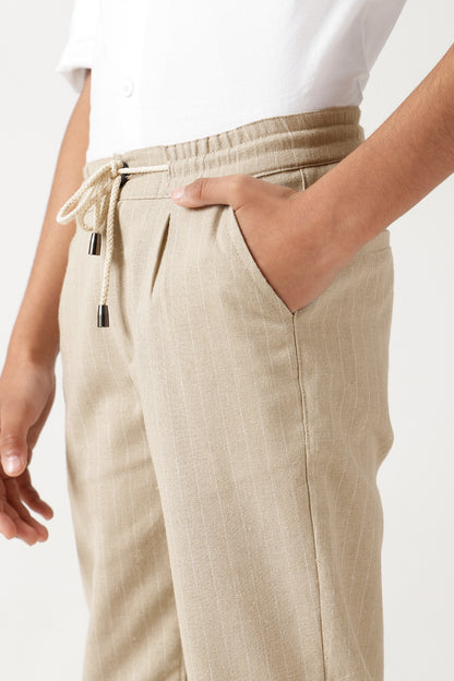Boys Beige Slim Fit Solid Trouser by One Friday