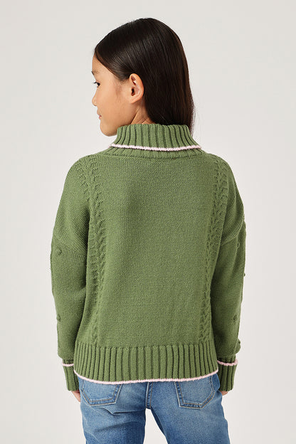 Girls Olive High Neck Knit Sweater