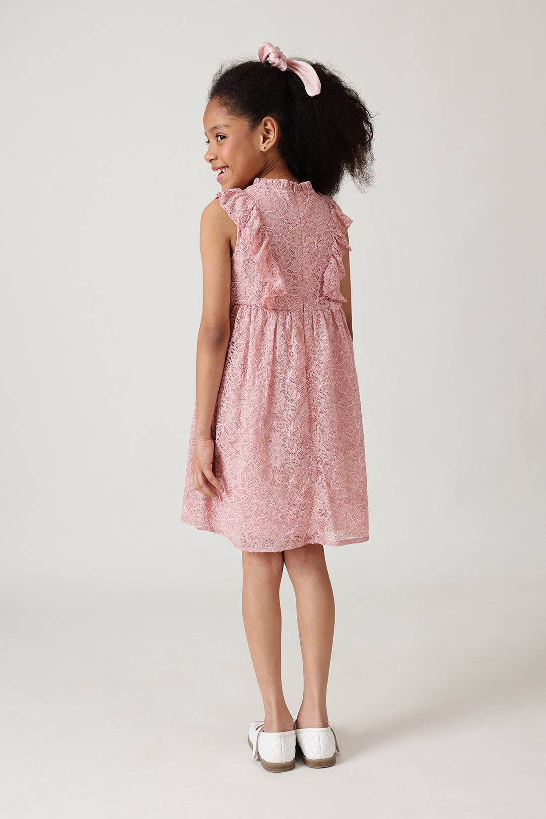 Girls Pink Fitted & Flared Sleeveless Laced Dress