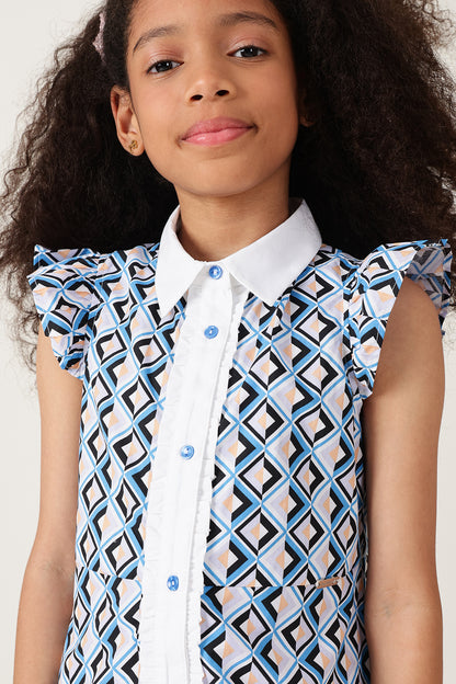 Girls Blue Frill Sleeve Geometrical Print Dress Online | One Friday
