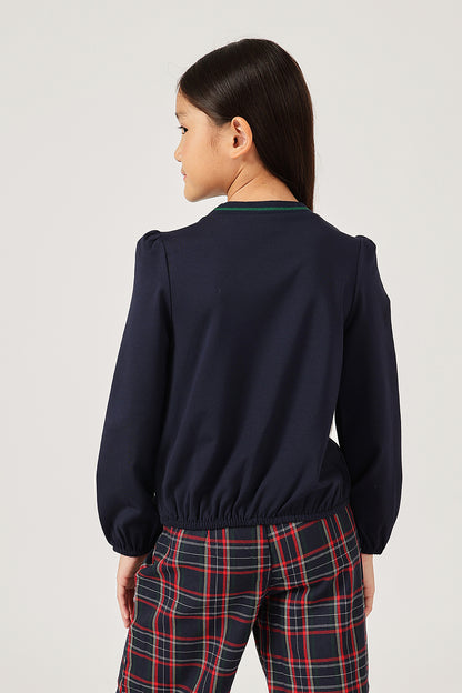 Girls Navy Blue Floral Print Full Sleeve Top