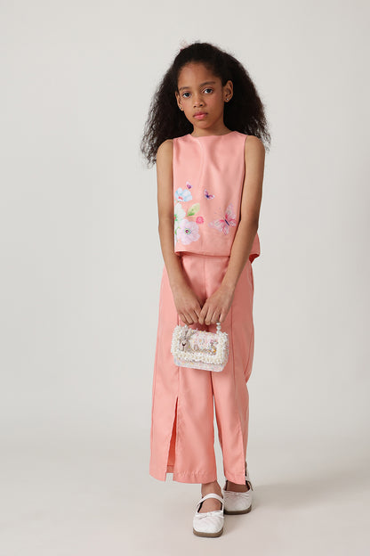 Girls Peach Flared Solid Trouser by One Friday