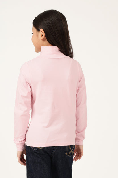 Girls Pink Solid High Neck Knit T-Shirt