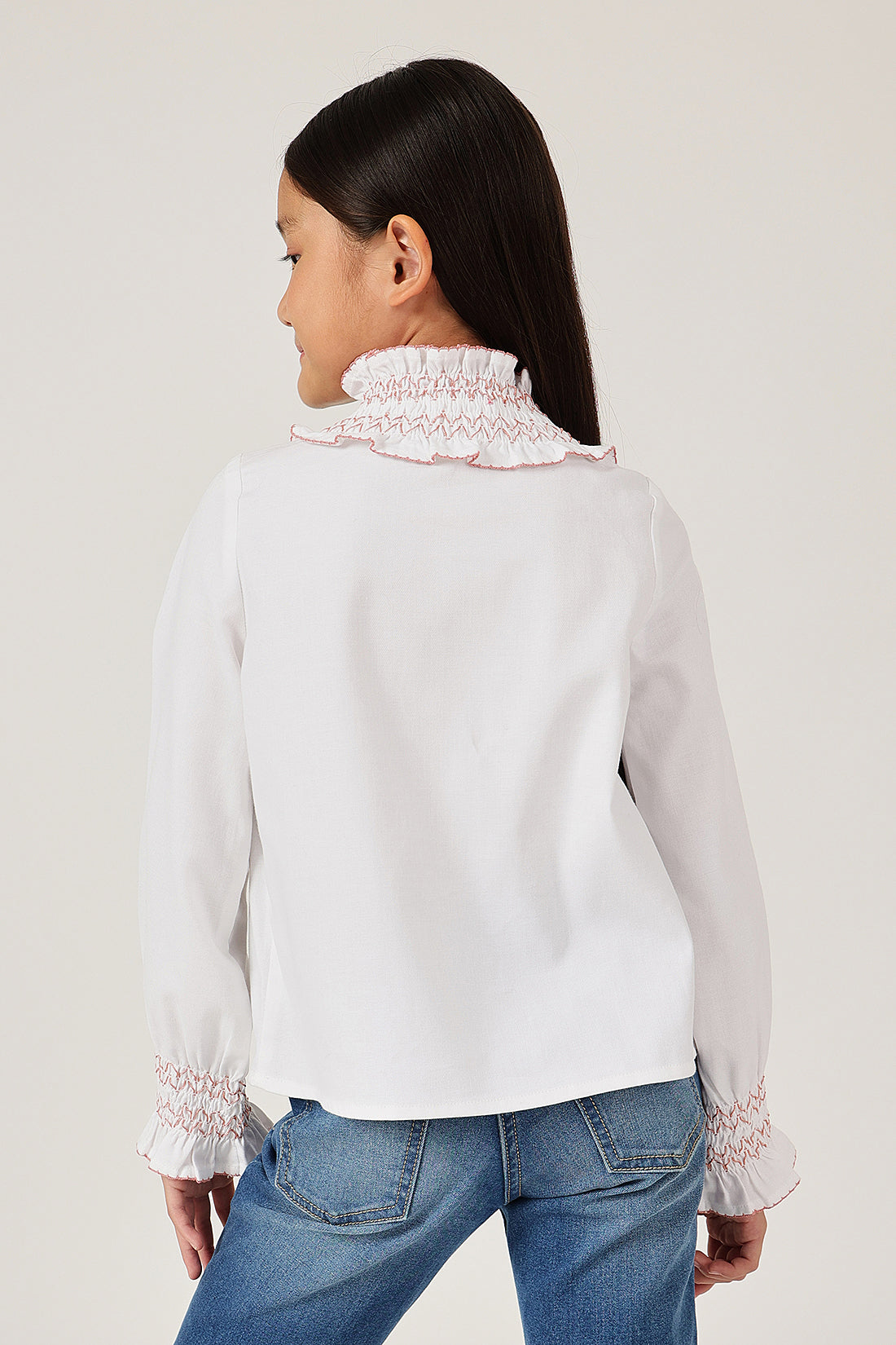 Girls White High Neck Full Sleeve Woven Top