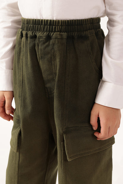 Boys Olive Solid Cotton Woven Trousers