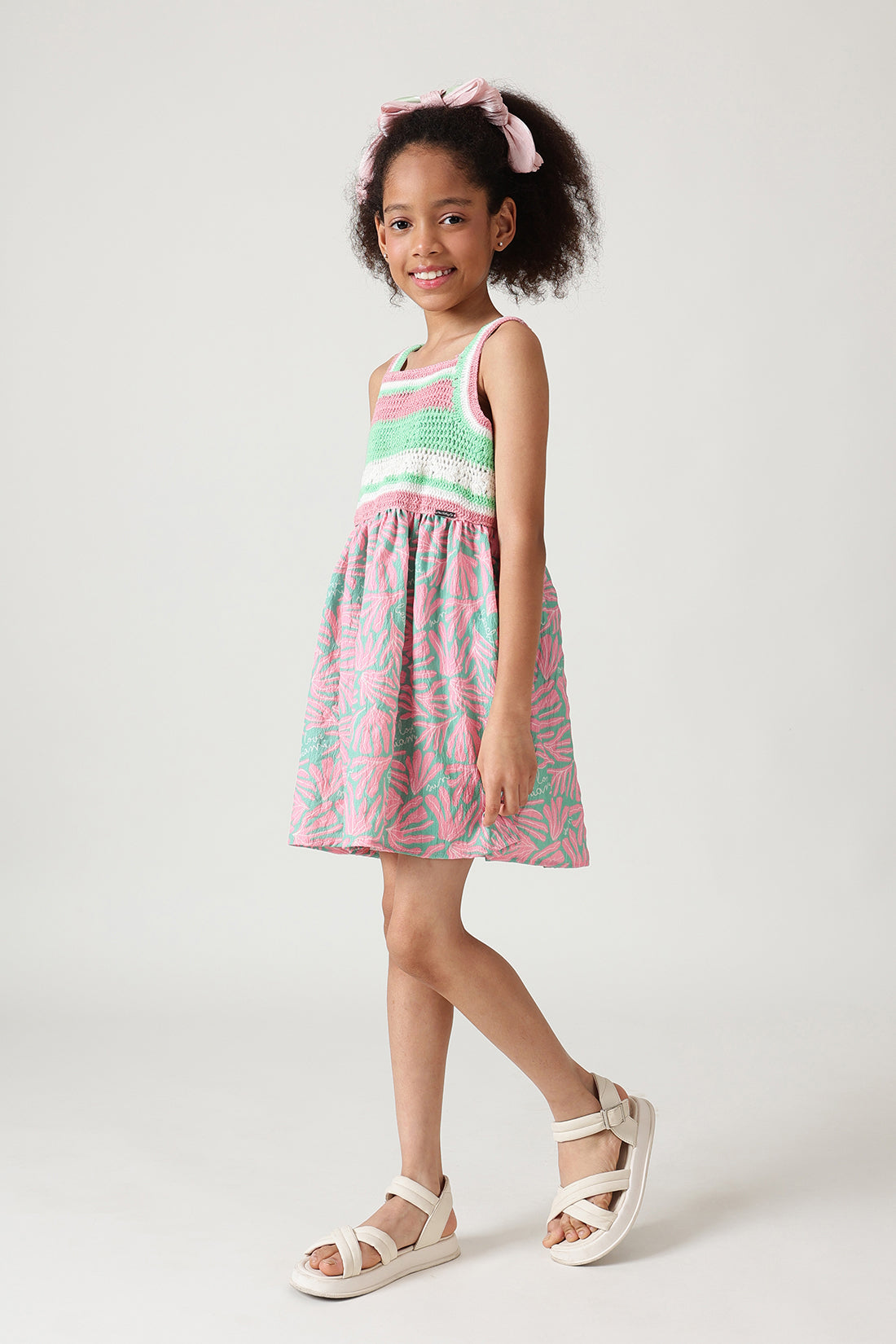 Girls Multicolor Sleeveless Fit & Flare Printed Dress By One Friday