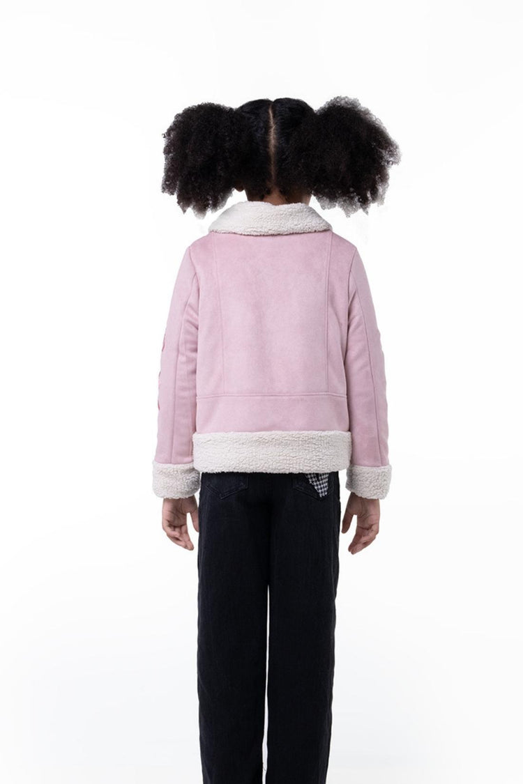 Kids Girls Shirt Collar Pink Jacket With Faux Fur Detail