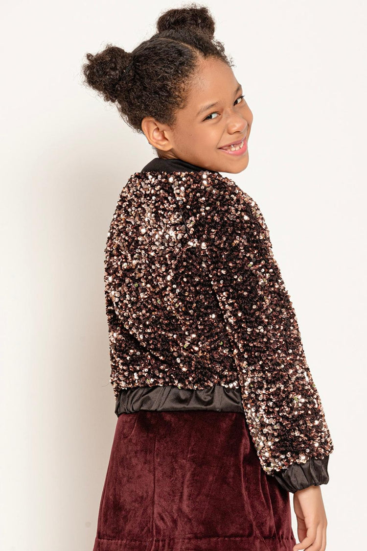 Kids Girl Brown Full Sleeves Sequins Jacket