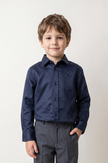 Boys Navy Blue Cotton Satin Regular Fit Shirt