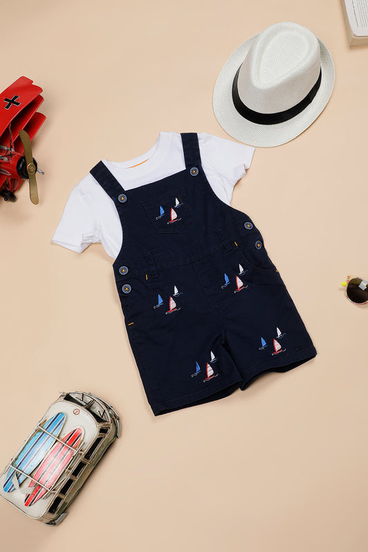 Baby Boys Navy Blue Cotton Embroidered Dungaree With T-shirt