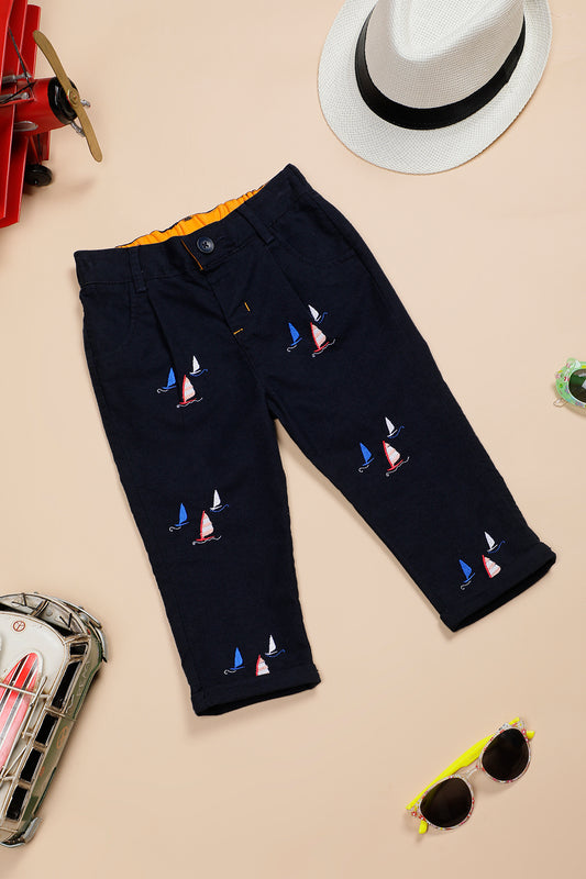 Baby Boys Navy Blue Cotton Embroidered Trouser