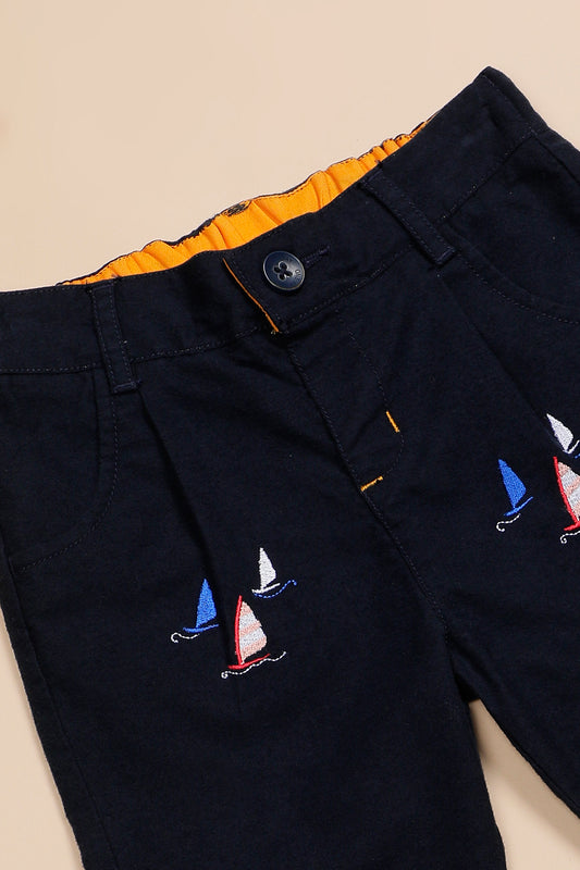 Baby Boys Navy Blue Cotton Embroidered Trouser