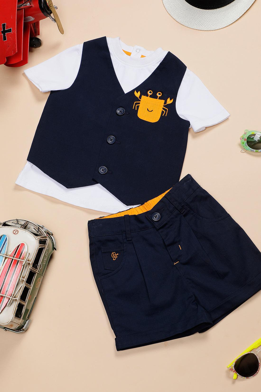 One Friday Baby Boys Navy Blue and White Cotton Round Neck Tee With Embroidered Waistcoat and Short - One Friday World