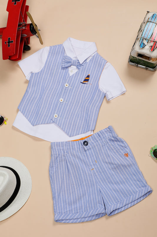 Baby Boys White Cotton Half Sleeves Shirt and Blue Waistcoat With Knee Length Short