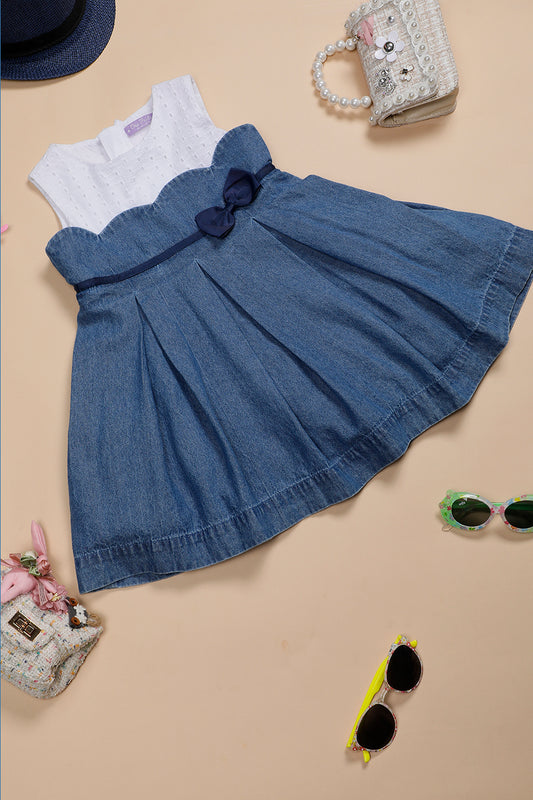 Infant Girls Cotton White & Blue Denim Color block Dress