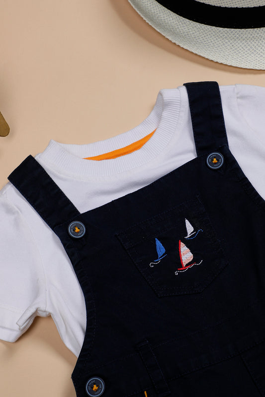 Baby Boys Navy Blue Cotton Embroidered Dungaree With T-shirt