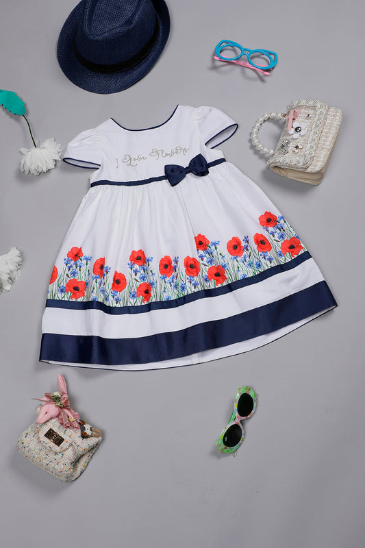 Infant Girls White Cotton Floral Printed Dress with Contrast Piping