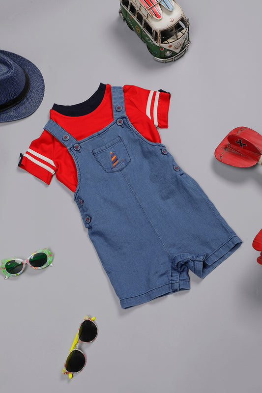 Baby Boys Blue Cotton Round Neck Dungaree With T-shirt