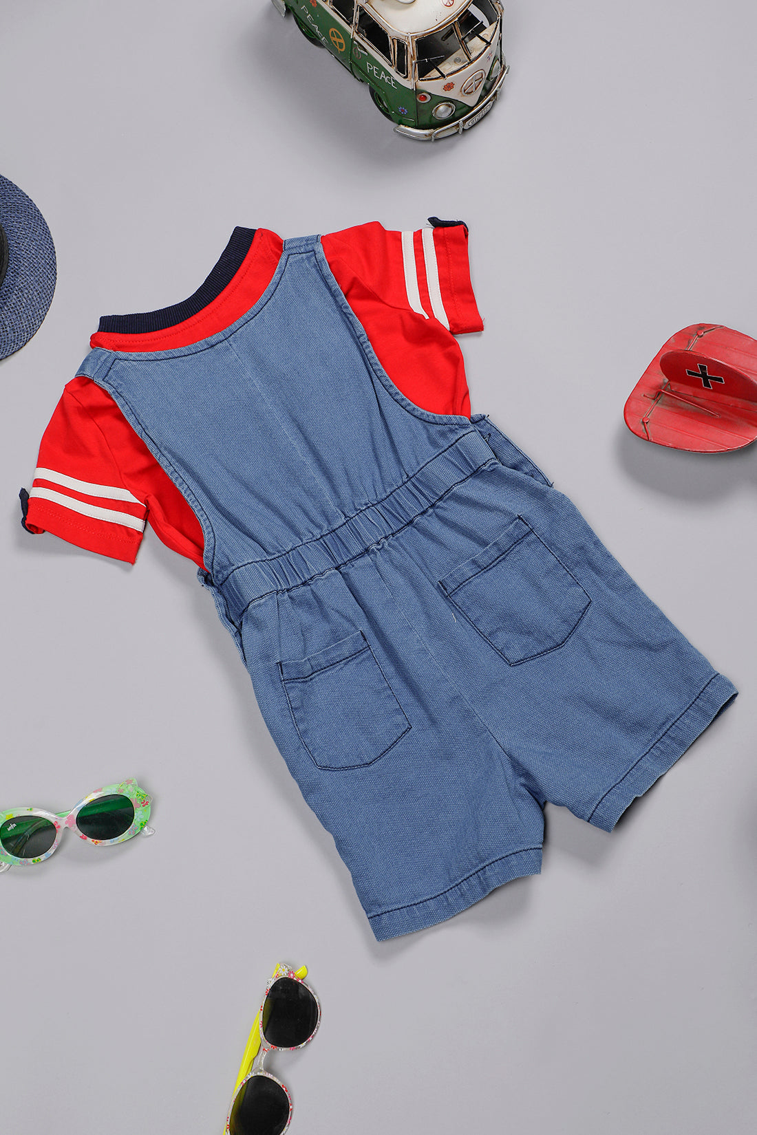 One Friday Baby Boys Blue Cotton Round Neck Dungaree With T-shirt