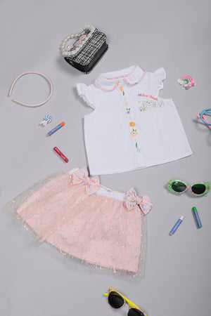 One Friday Baby Girls White Top and Pink Sequined Skirt Set