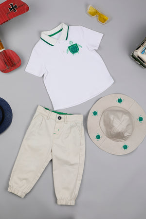 One Friday Baby Boys Cotton Polo Neck Embroidered T-Shirt With Beige Trouser and Hat