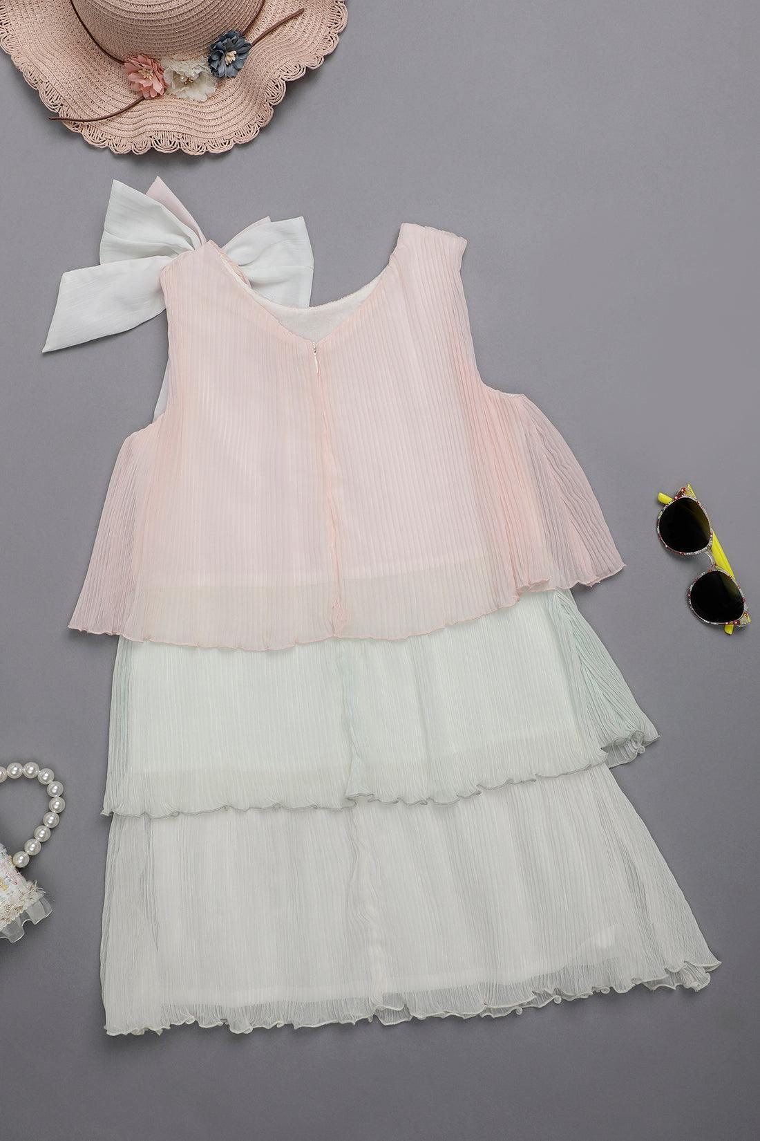 One Friday Kids Girls Pleated Layered Peach and White Sleeveless Dress
