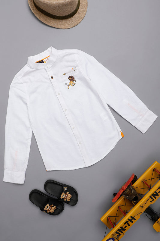 Kids Boys White Cotton Chinese Collared Shirt Disney's Lion King Embroidered
